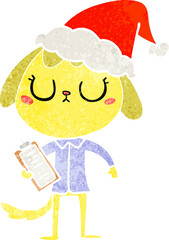 cute hand drawn retro cartoon of a dog wearing office shirt wearing santa hat