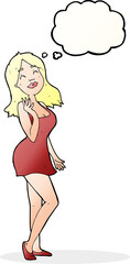 cartoon pretty woman in cocktail dress with thought bubble