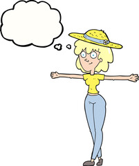 freehand drawn thought bubble cartoon woman spreading arms