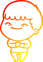 warm gradient line drawing of a cartoon happy boy