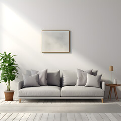 modern living room with sofa Livingroom interior wall mock up with gray fabric sofa and pillows on white background with free space on right. 3d rendering