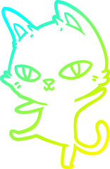 cold gradient line drawing of a cartoon cat staring