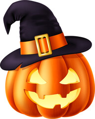 Halloween pumpkin with witch hat and a carved out scary smiling face. Vector illustration.