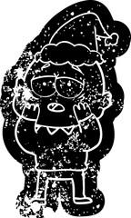 quirky cartoon distressed icon of a tired bald man wearing santa hat