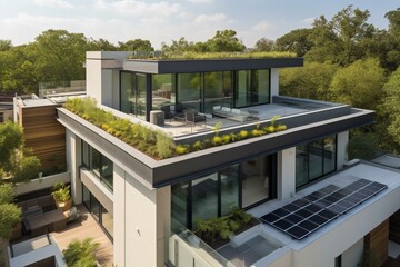 Fototapeta na wymiar Contemporary rooftop with sleek solar panels. Generative AI
