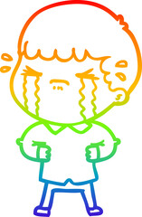 rainbow gradient line drawing of a cartoon man crying