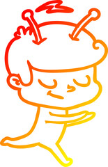 warm gradient line drawing of a friendly cartoon spaceman running