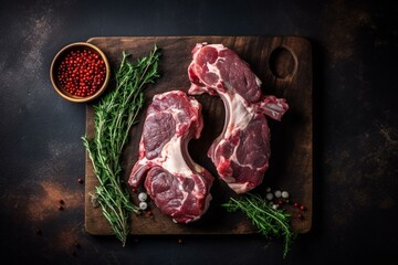 Raw lamb mutton shanks on a butcher board. Dark background. Top view with ample space. Generative AI
