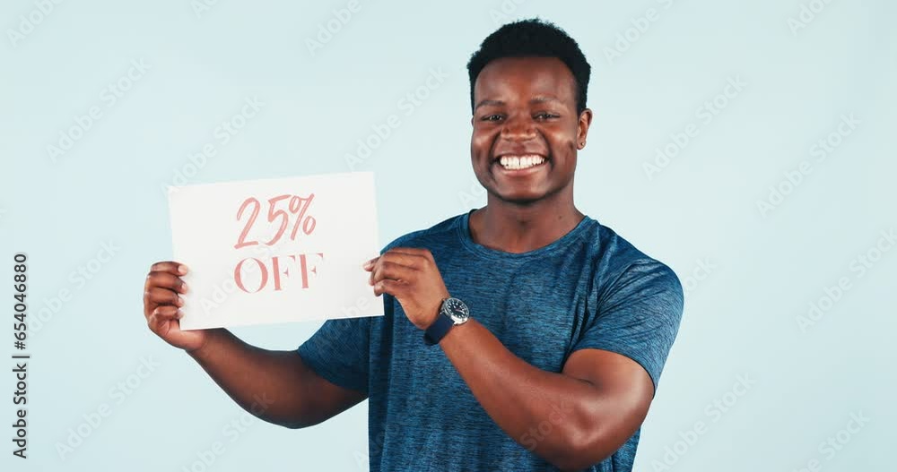 Canvas Prints Happy man, discount and holding poster in studio background with mockup, advertising and promotion. African person, smile and announcement of sale in retail shopping deal and price info on offer