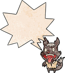 cartoon halloween werewolf with speech bubble in retro texture style