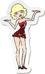 retro distressed sticker of a cartoon woman in cocktail dress