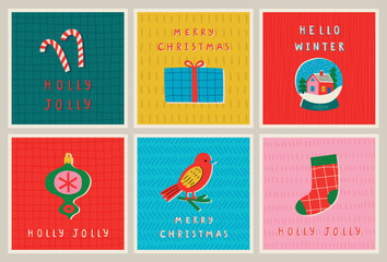 Christmas card set - hand drawn cute flyers. Postcards with lettering and Christmas graphic elements.