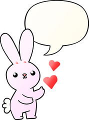 cute cartoon rabbit with love hearts with speech bubble in smooth gradient style