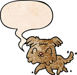 cartoon little dog with speech bubble in retro texture style