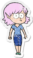 distressed sticker of a cartoon elf girl staring