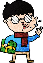 cartoon boy wearing spectacles with christmas gift