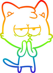 rainbow gradient line drawing of a bored cartoon cat