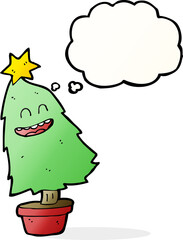 cartoon dancing christmas tree with thought bubble