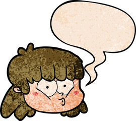 cartoon female face with speech bubble in retro texture style