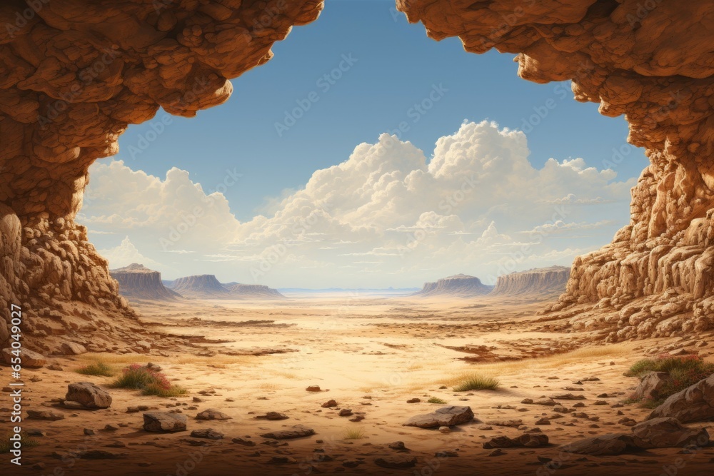 Poster exit from the cave into the desert. background with selective focus and copy space