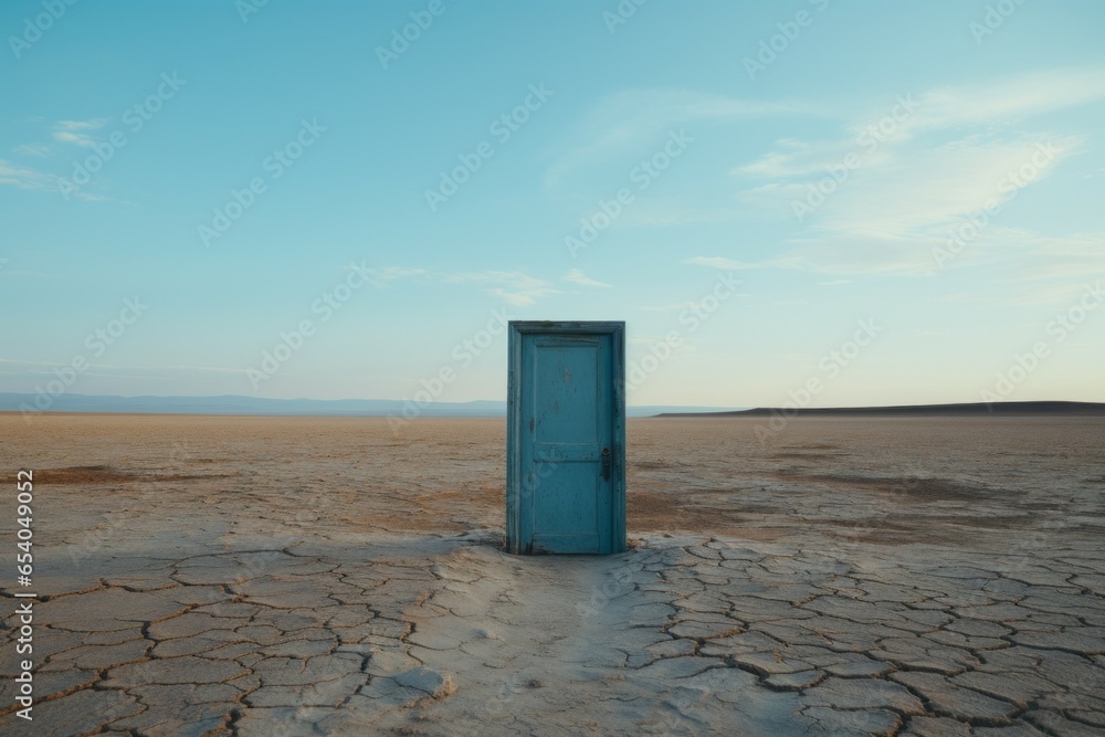 Poster door in the desert. background with selective focus and copy space