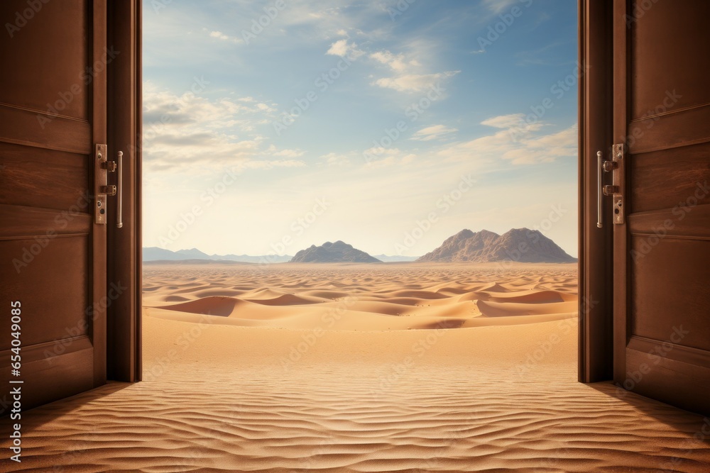 Poster open gate in the desert. background with selective focus and copy space