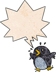 cartoon frightened penguin with speech bubble in retro texture style
