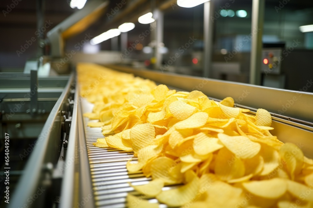 Poster chips factory. production conveyor line. background with selective focus and copy space