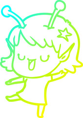 cold gradient line drawing of a happy alien girl cartoon