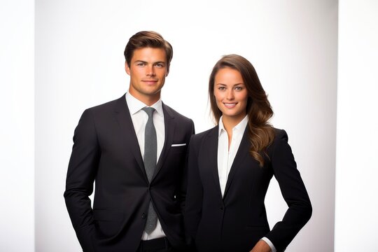 Successful young business partners in formal clothes posing and looking at camera