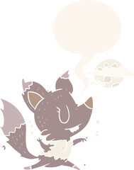 cartoon halloween werewolf changing in moonlight with speech bubble in retro style