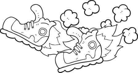 freehand drawn black and white cartoon super fast sneakers