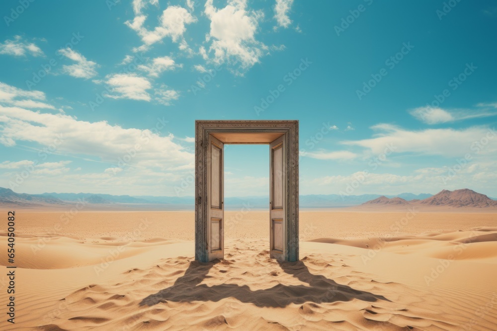 Poster door with doorway in the desert. background with selective focus and copy space