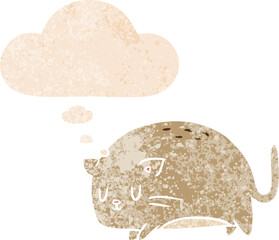 cute cartoon cat with thought bubble in grunge distressed retro textured style