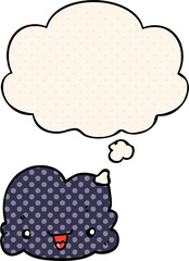 cartoon tiny happy cloud with thought bubble in comic book style