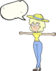 freehand drawn comic book speech bubble cartoon woman spreading arms
