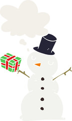 cartoon snowman with thought bubble in retro style