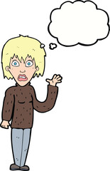 cartoon shocked woman waving hand with thought bubble