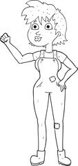freehand drawn black and white cartoon confident farmer woman