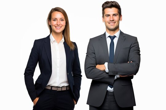 Successful young business partners in formal clothes posing and looking at camera