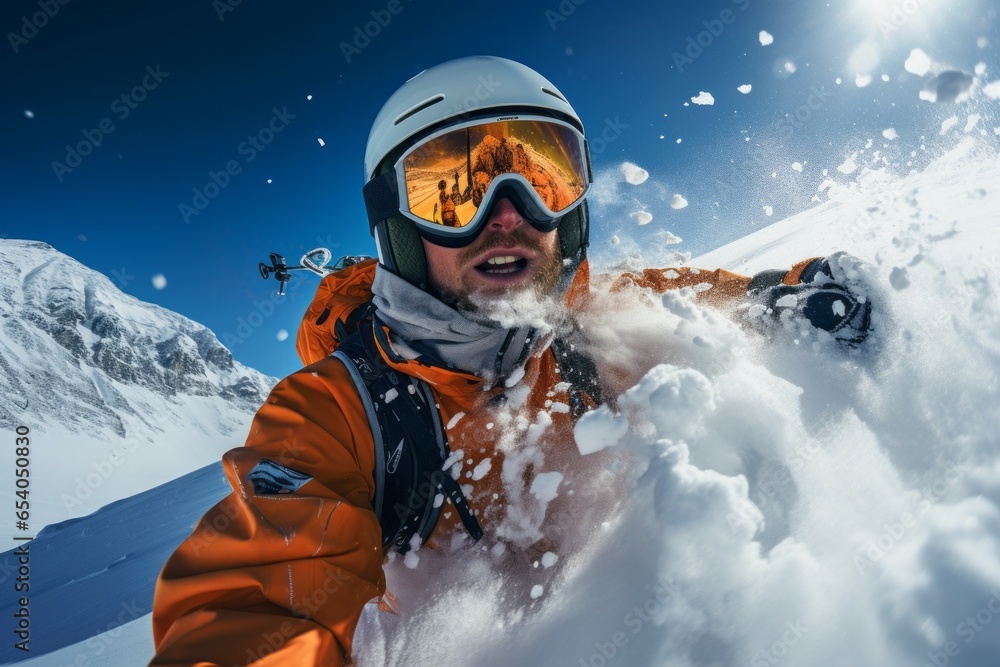 Poster a man caught in an avalanche. background with selective focus and copy space