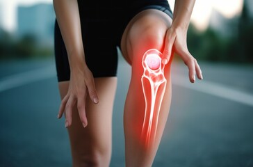 Abstract visualization of knee pain while jogging. Background with selective focus and copy space