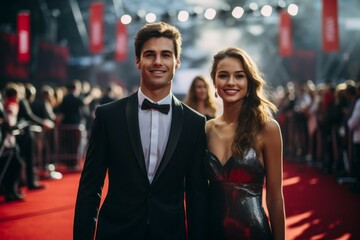 Couple on the red carpet. Man and woman in elegant clothes. Portrait with selective focus and copy space