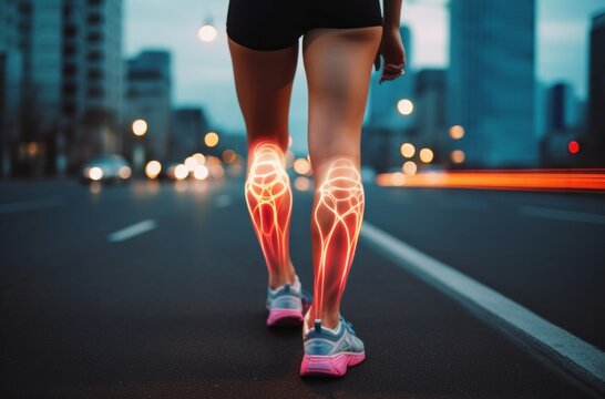 Abstract visualization of burning calves after a run. Muscle pain and recovery. Background with selective focus