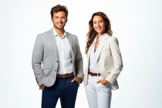 Successful young business partners in formal clothes posing and looking at camera