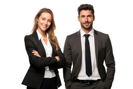 Successful young business partners in formal clothes posing and looking at camera