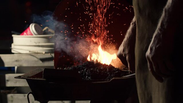 Fire in a Blacksmith's Furnace in a Blacksmith's Workshop Close-up, Slow Motion.