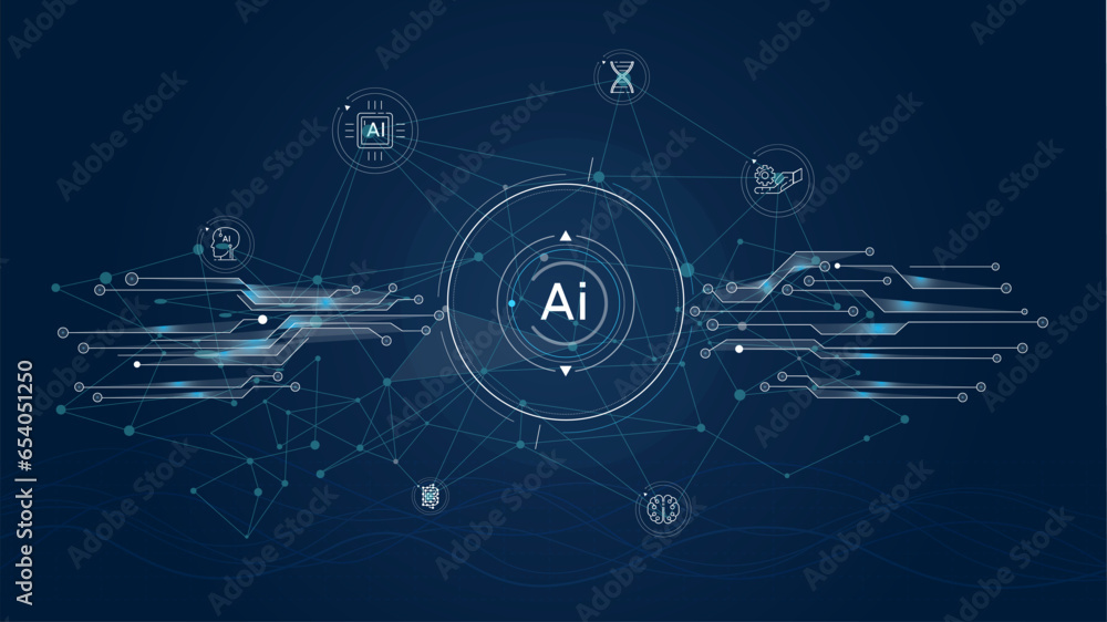 Poster futuristic interface with electronic chips and artificial intelligence.
