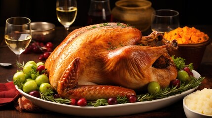 Thanksgiving Turkey, Grapes, and Wine on a Plate: Festive Holiday Feast. Great for designs related to Thanksgiving, food, or celebratory events.