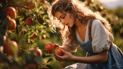 Young Girl Harvesting Fresh Apples in a Vibrant Orchard